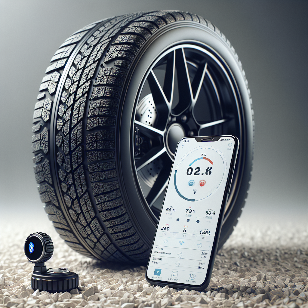 A Bluetooth tire pressure monitoring system displayed on a tire and a smartphone.