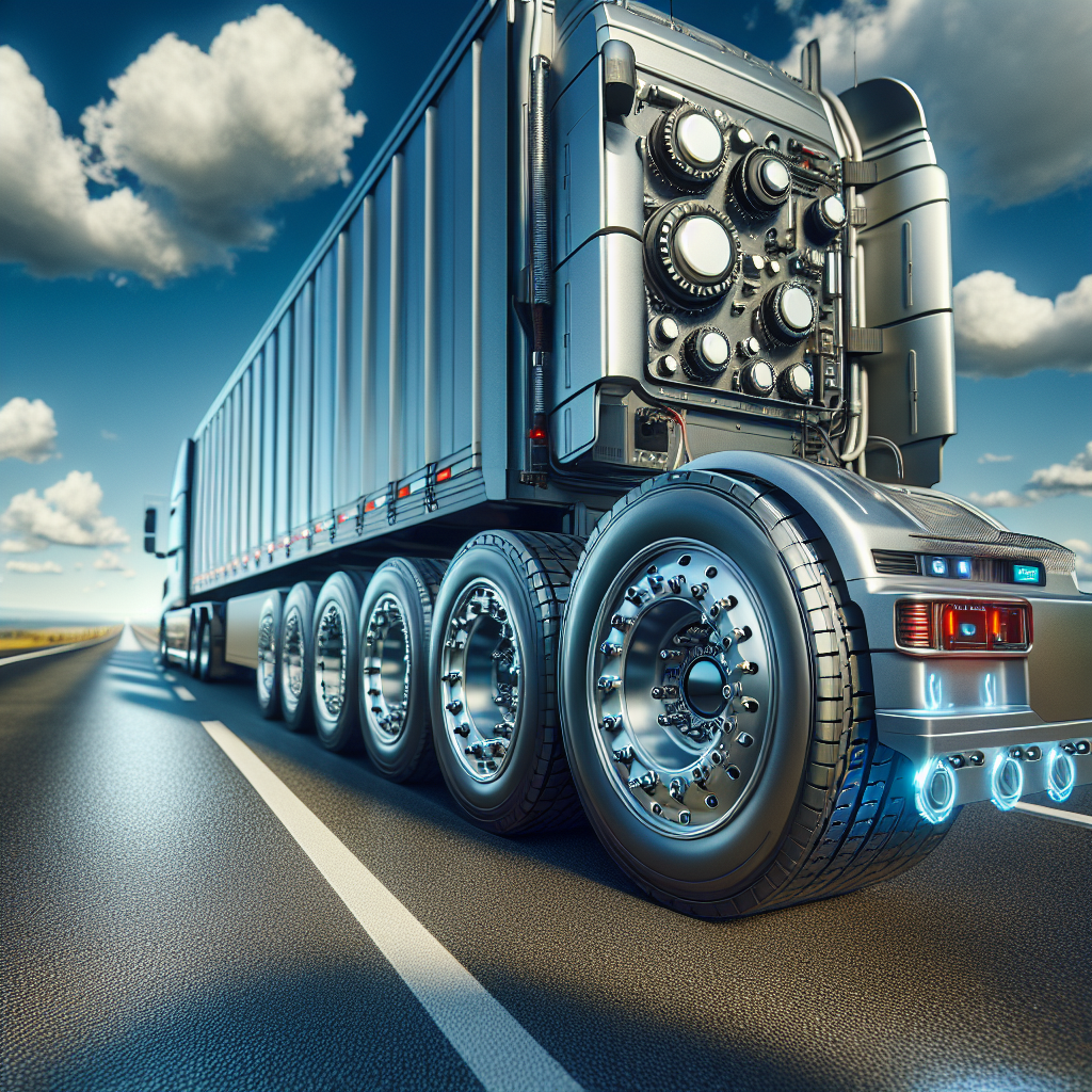 A trailer on a highway with clear focus on its tires and tire pressure monitoring system.