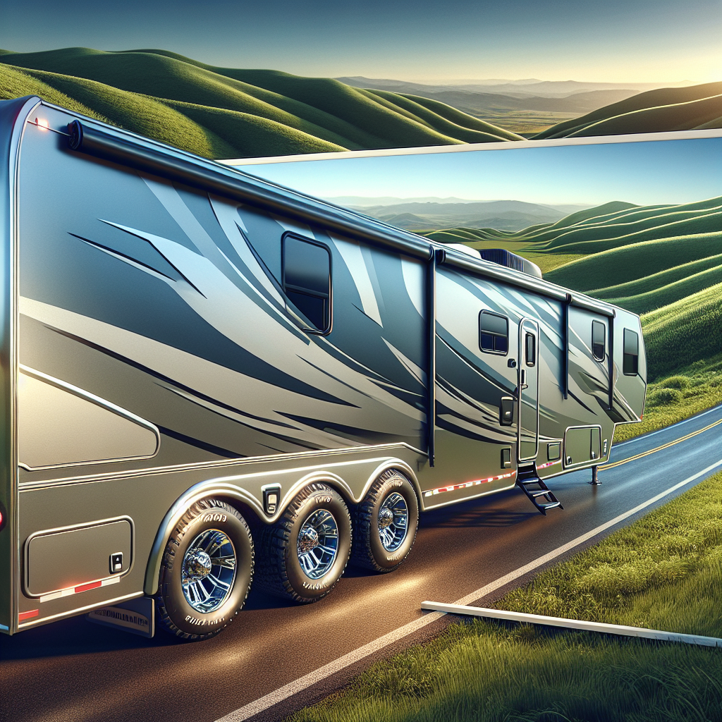 A 5th wheel trailer with visible tire monitoring features parked on a scenic road.