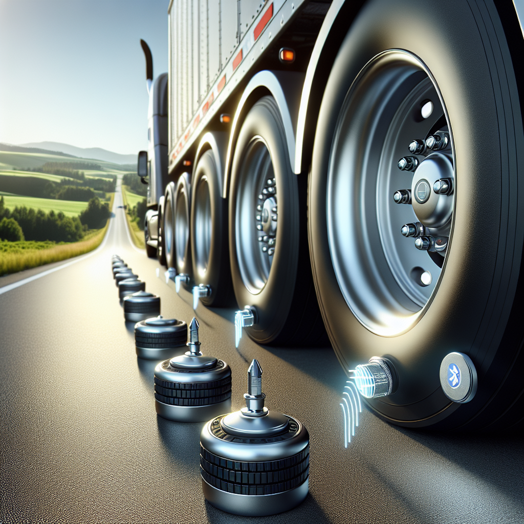 A Bluetooth trailer tire pressure monitoring system displayed on a truck towing a trailer with clear skies in the background.