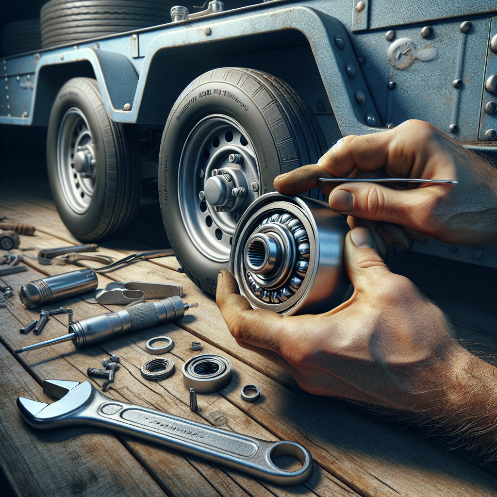 A technician inspecting wheel bearings on a utility trailer.