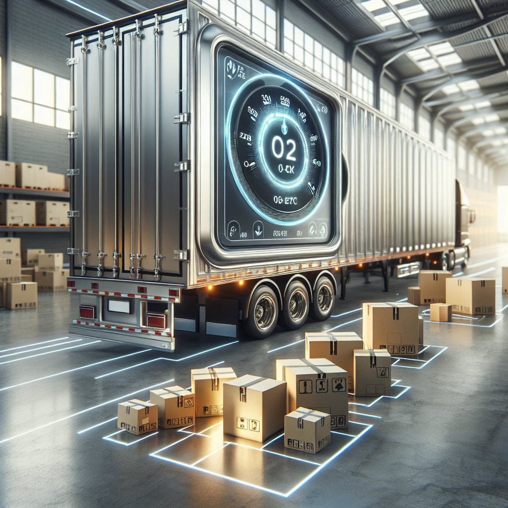 A cargo trailer in a storage facility with a digital temperature monitoring system and stacked boxes.