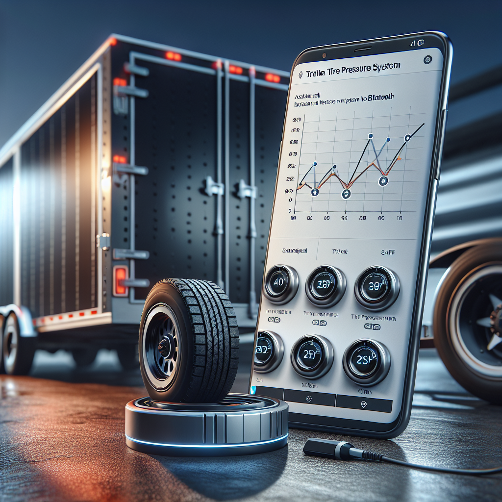 A Bluetooth trailer tire pressure monitoring system displayed on a trailer with sensors attached to tires.