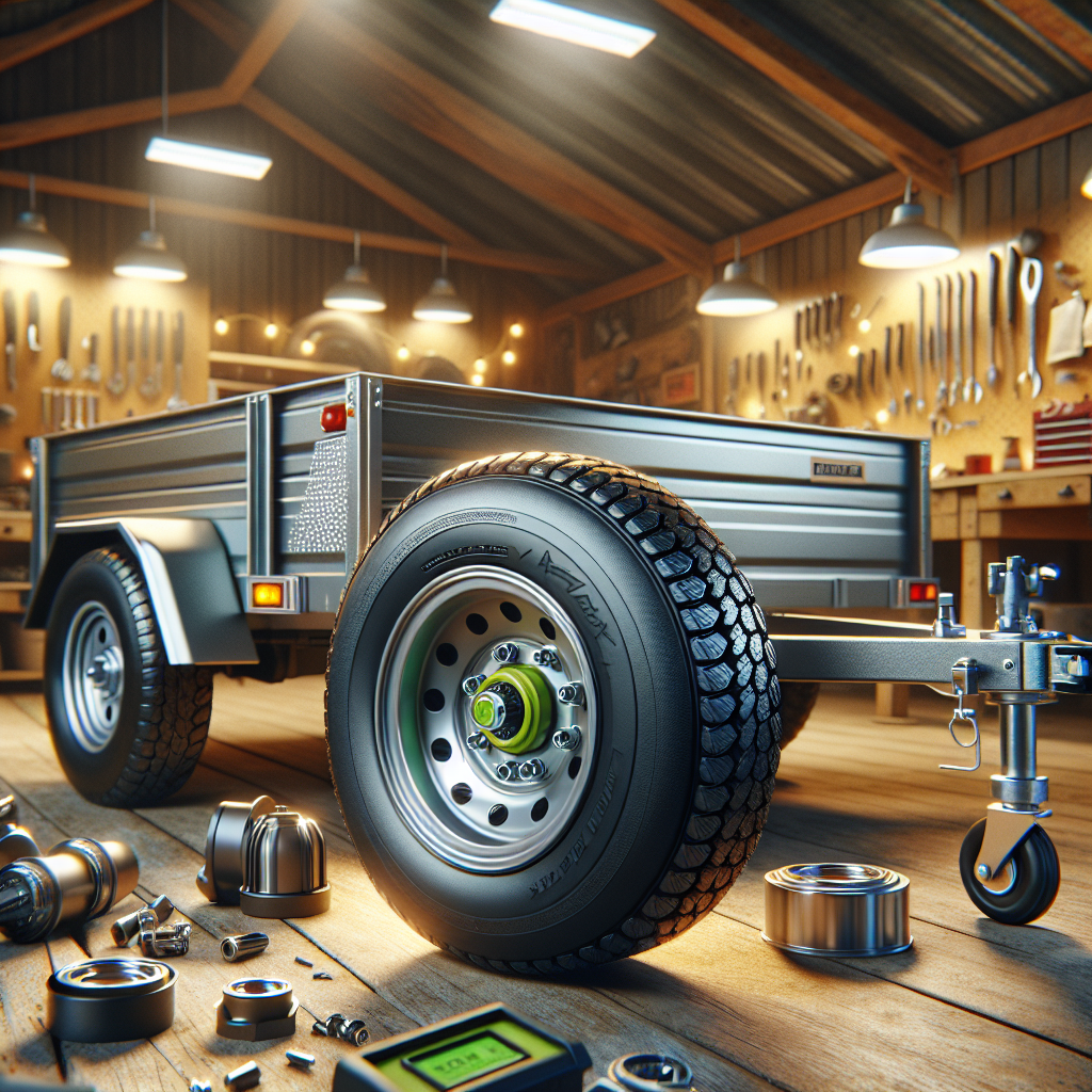 A utility trailer in a workshop setting showcasing detailed wheel bearings.
