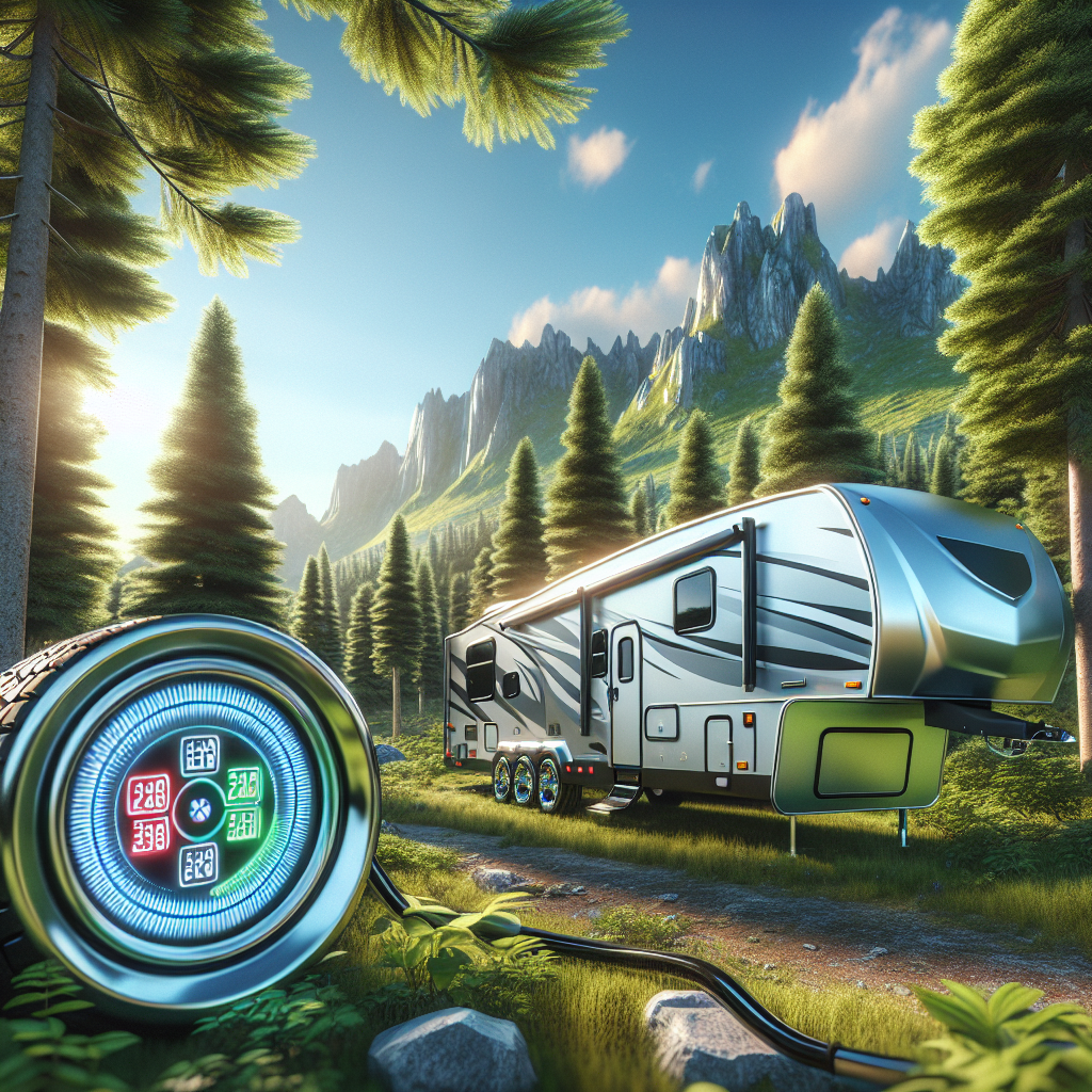 A 5th wheel trailer parked in a scenic landscape with a digital tire pressure monitoring system display.