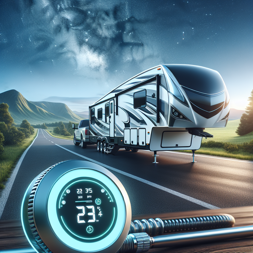 A 5th wheel trailer with a tire pressure monitoring system display in a scenic landscape.