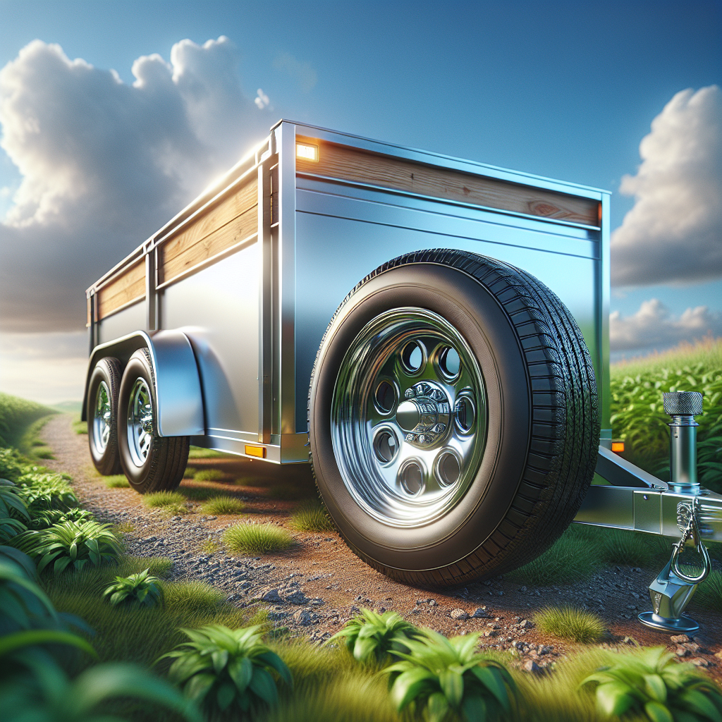 A utility trailer parked in a countryside setting, highlighting the wheel and bearings.