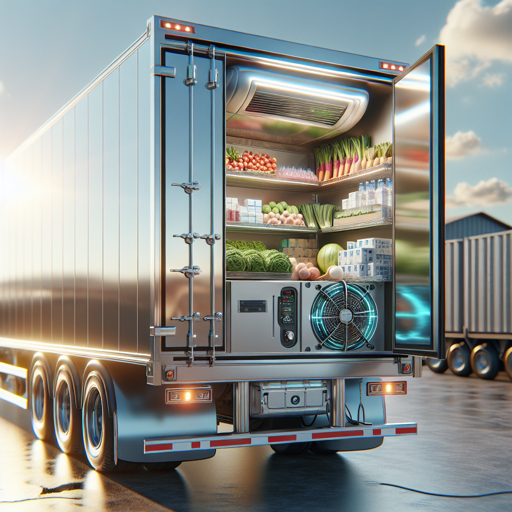 A refrigerated trailer with an open door showing fresh produce and pharmaceuticals inside.