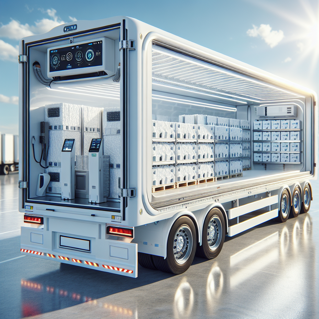A realistic view of a temperature-controlled trailer interior, monitoring temperature with sensors.