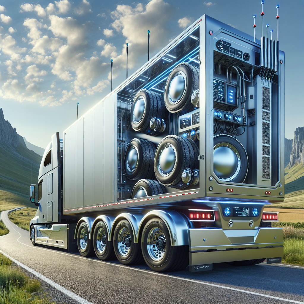 A trailer with a tire monitoring system parked on a scenic roadside with mountains in the background.