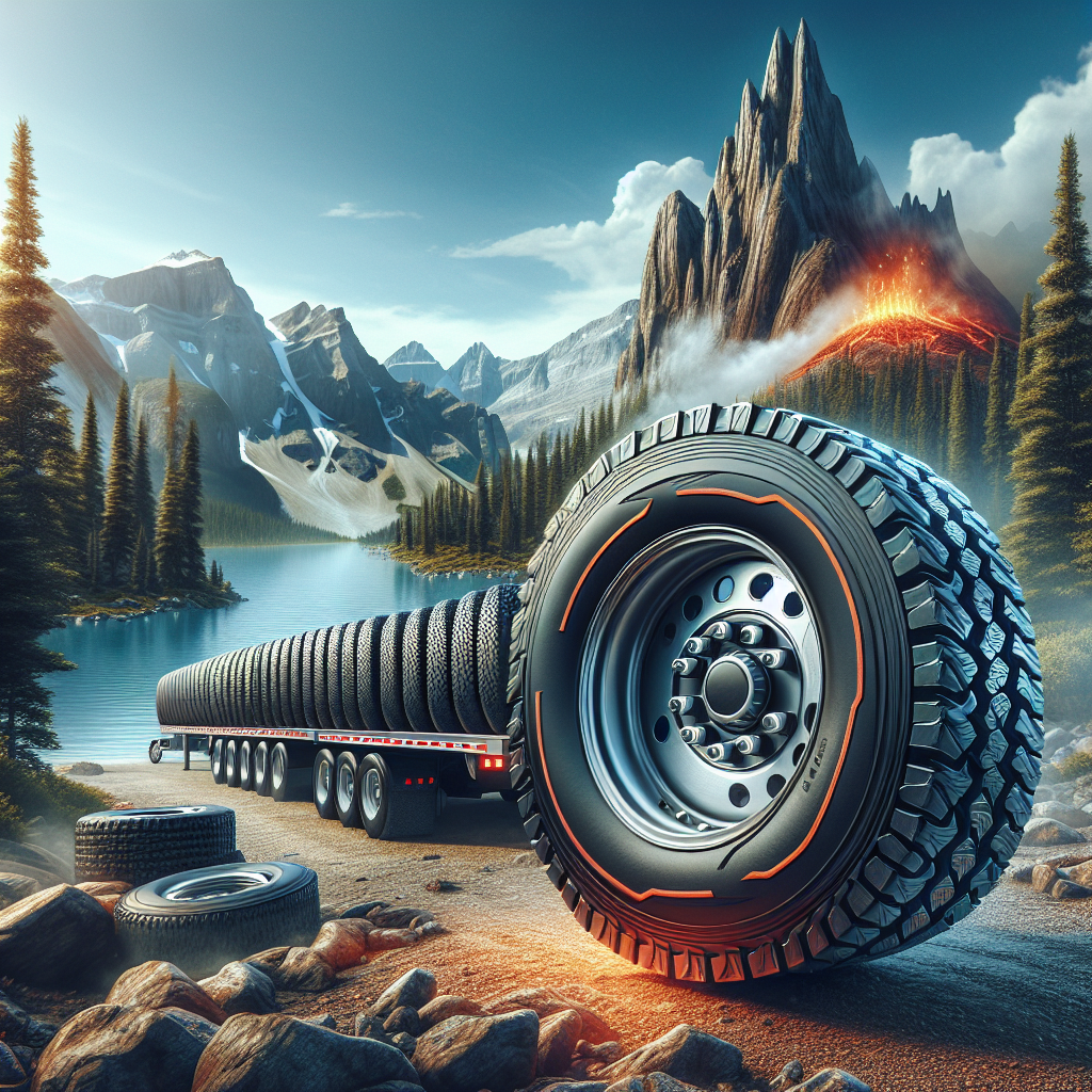 A realistic image of trailer tires on rough terrain with a mountainous background.