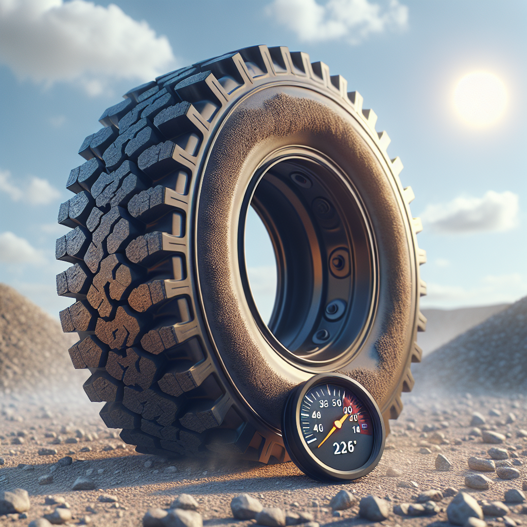 A trailer tire on a gravel road with a temperature gauge displayed next to it.