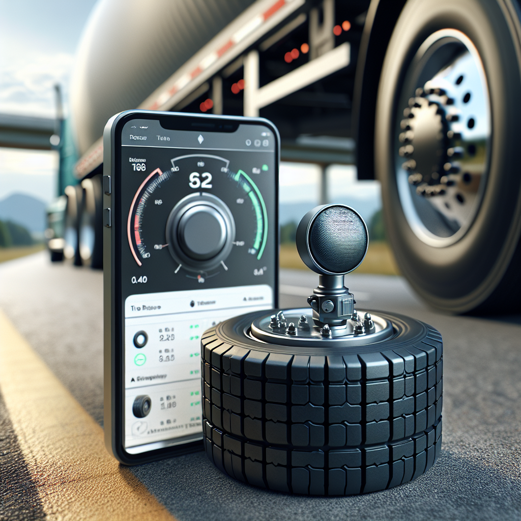 A close-up view of a Bluetooth trailer tire pressure monitoring system setup on a trailer tire.