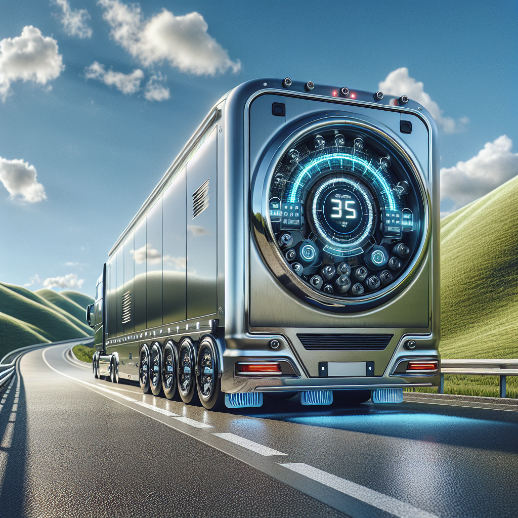 A modern trailer with advanced tire monitoring systems parked on a scenic highway.