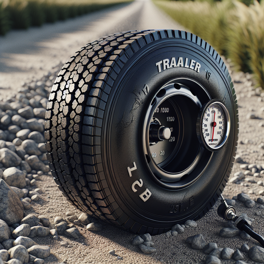 A close-up of a trailer tire on gravel with a temperature gauge.