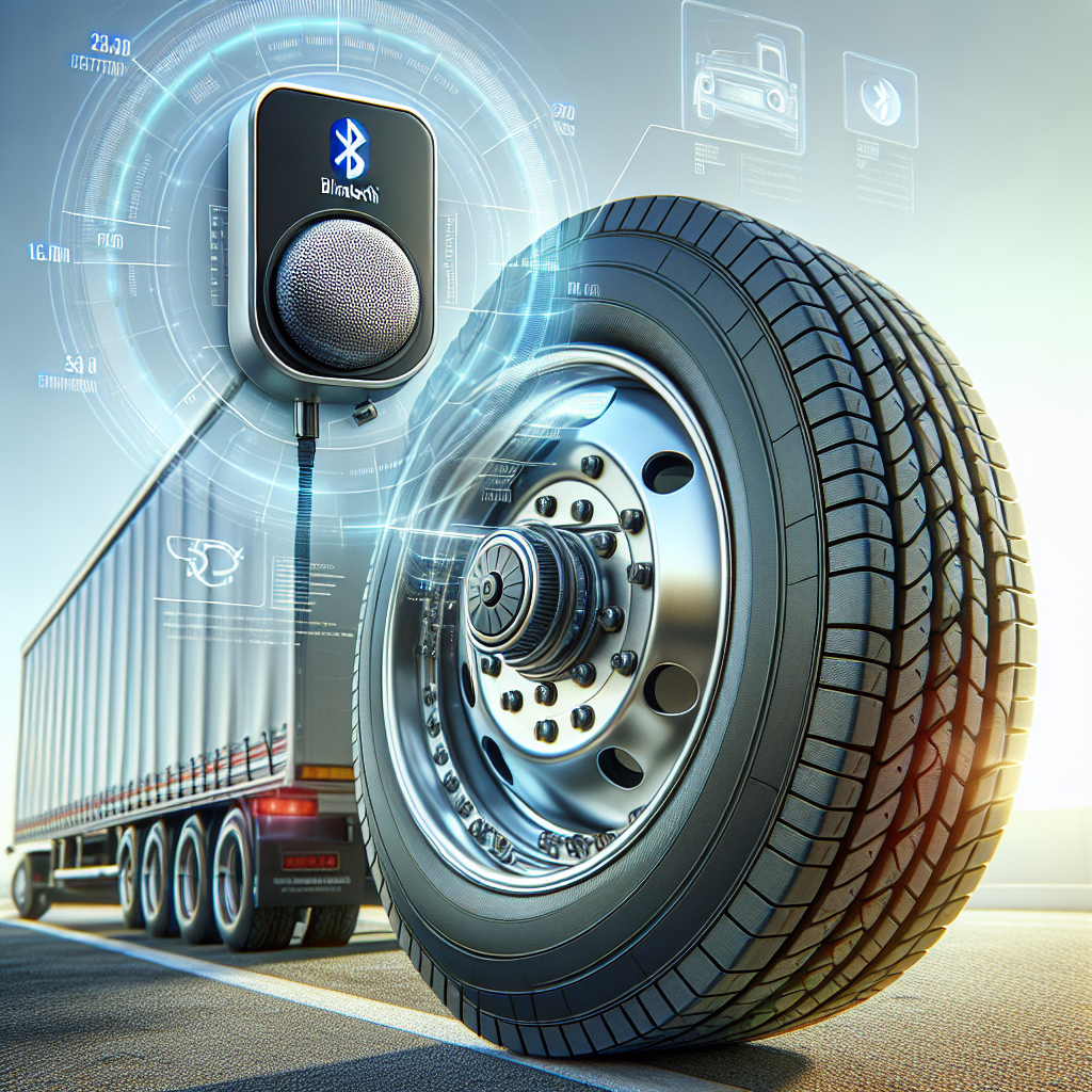 A Bluetooth trailer tire pressure monitoring system with a sensor on a tire in an outdoor setting.