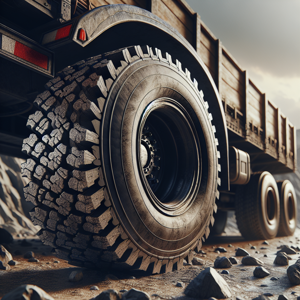 A close-up of a trailer tire on rough terrain, emphasizing its tread and surrounding environment.