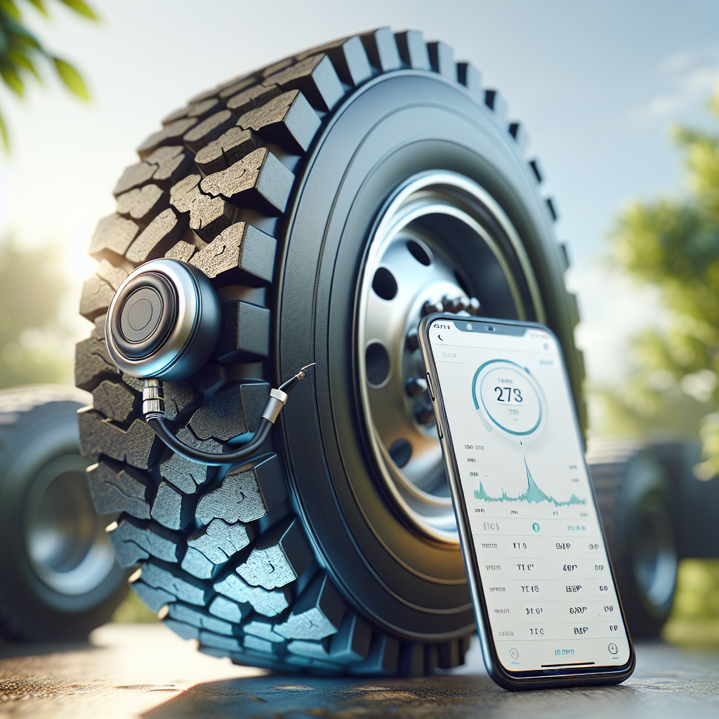 A Bluetooth tire pressure monitoring sensor on a trailer tire next to a mobile device.