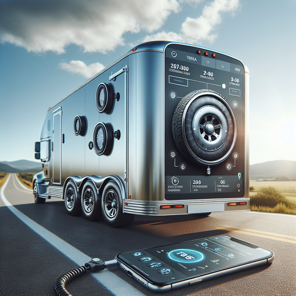 A modern trailer with visible Tire Pressure Monitoring System on its dashboard, outdoors, with a smartphone showing TPMS app interface.