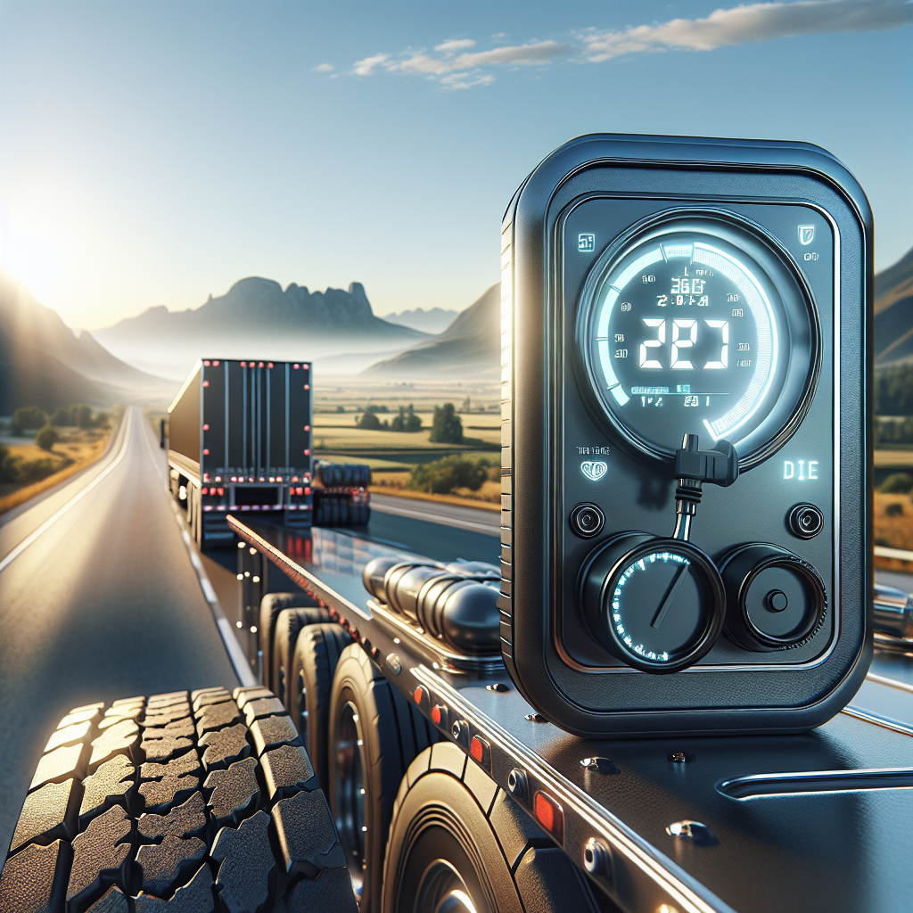 A trailer tire monitoring system mounted on a dashboard with a scenic highway in the background.