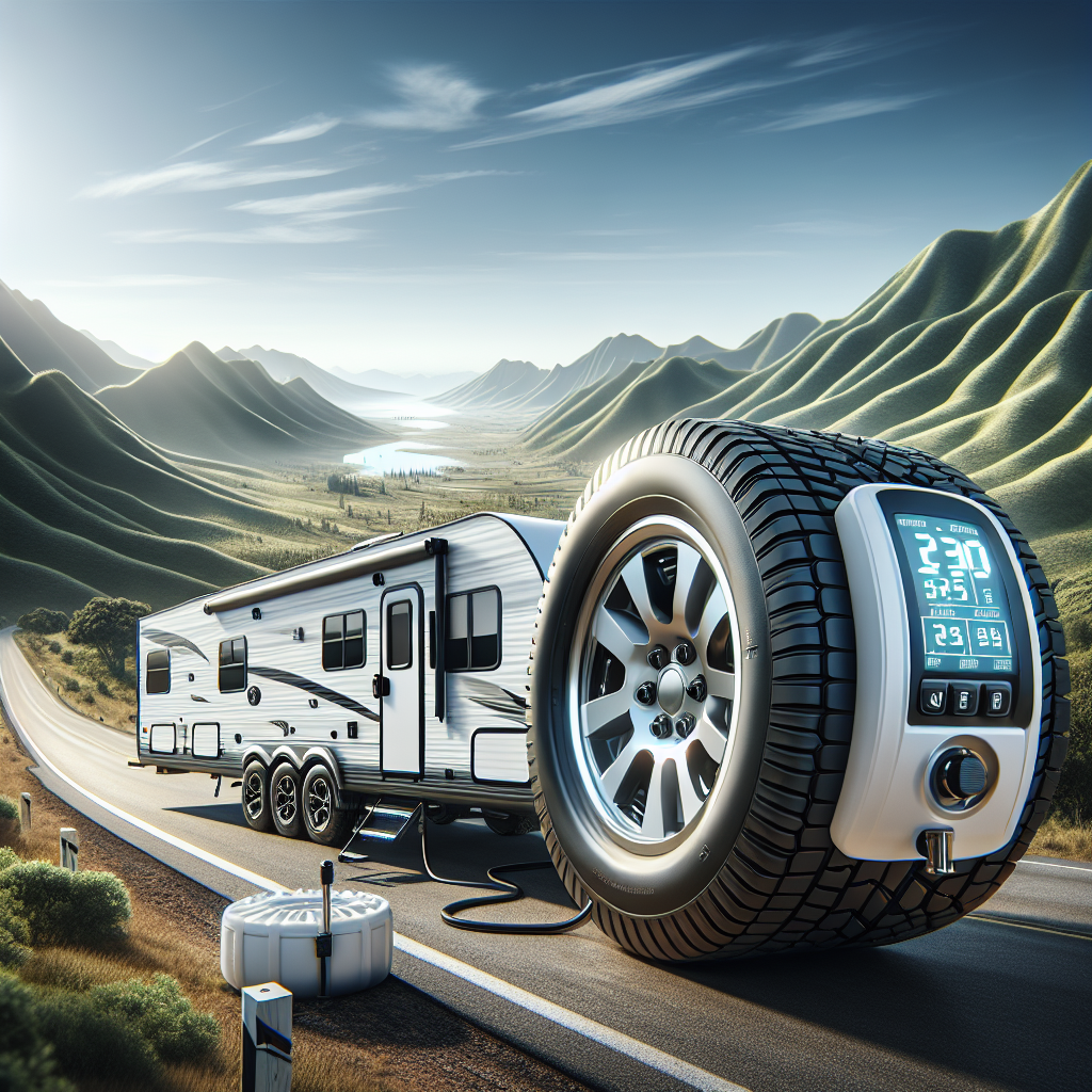 A travel trailer on a scenic highway with a focus on its tires and monitoring system.