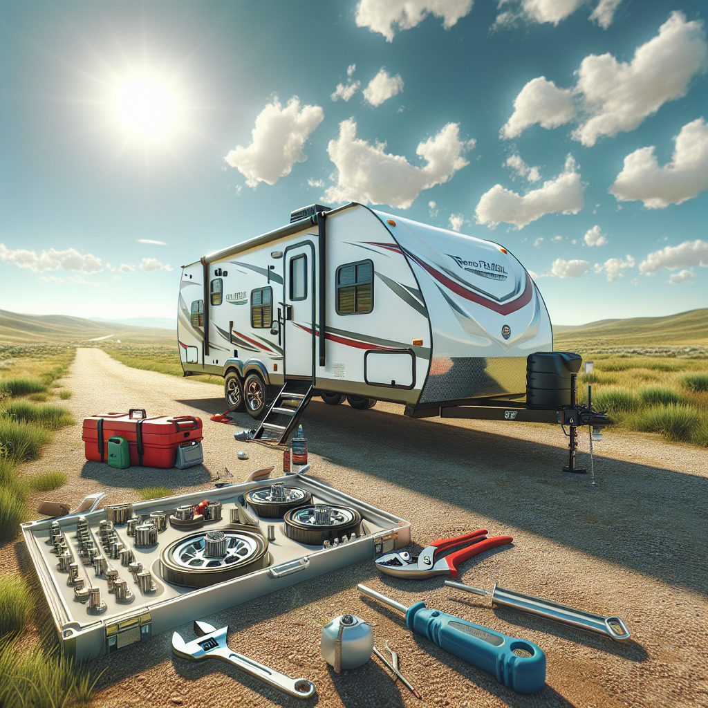 A travel trailer parked in a landscape with tools for checking wheel bearings.