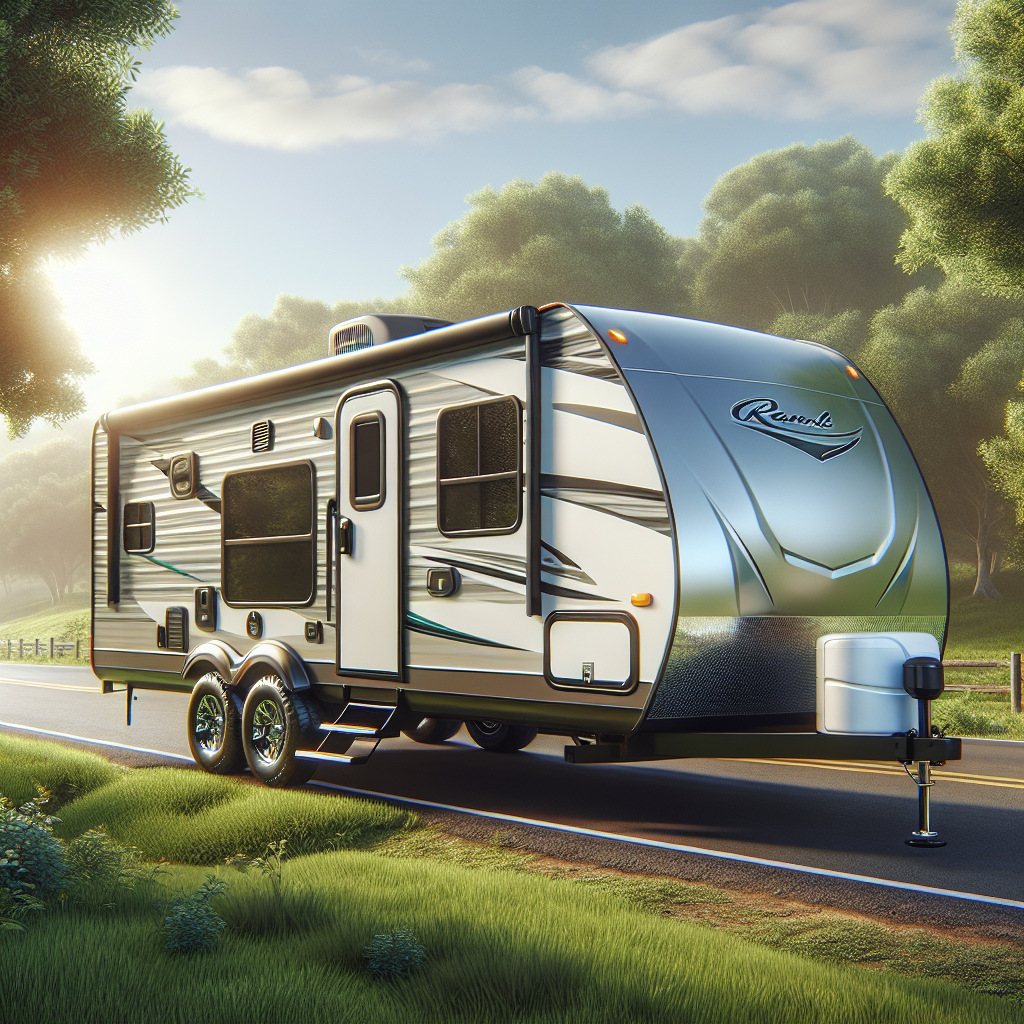 A travel trailer parked on the roadside, highlighting its tire pressure monitoring system with visible tire sensors.