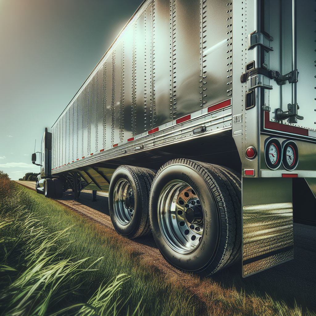 A trailer with temperature gauges on its tires, set against a sunny roadside.