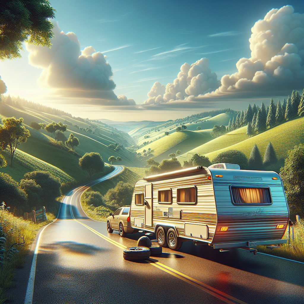 A travel trailer on a scenic road, highlighting the importance of tire pressure monitoring.