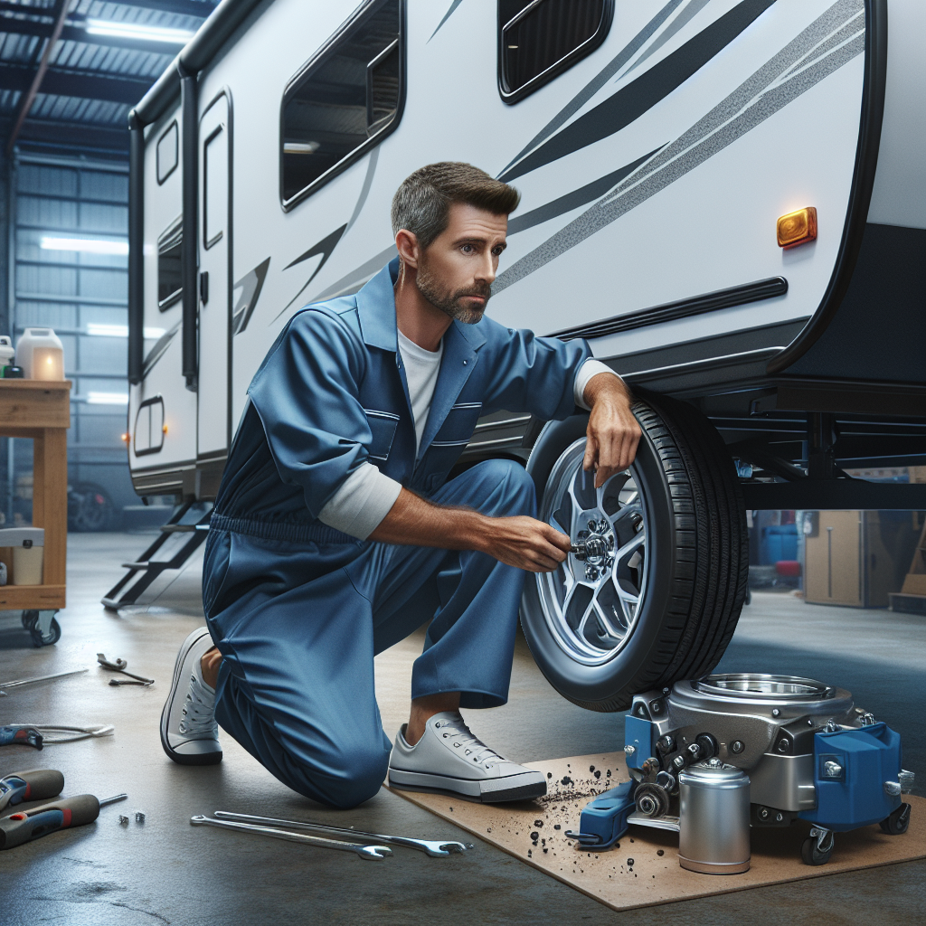 A mechanic inspecting wheel bearings on a travel trailer in a garage.