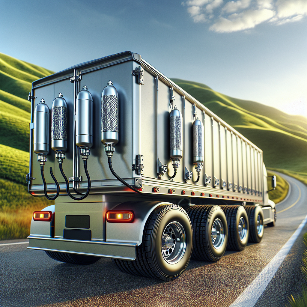 An individual trailer with tire pressure monitoring system sensors on its tires, set on a road with green hills in the background.