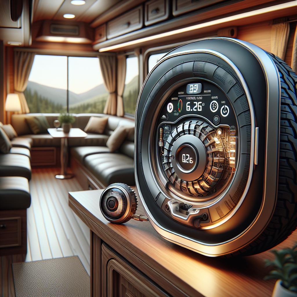 A modern tire pressure monitoring system displayed inside a travel trailer.