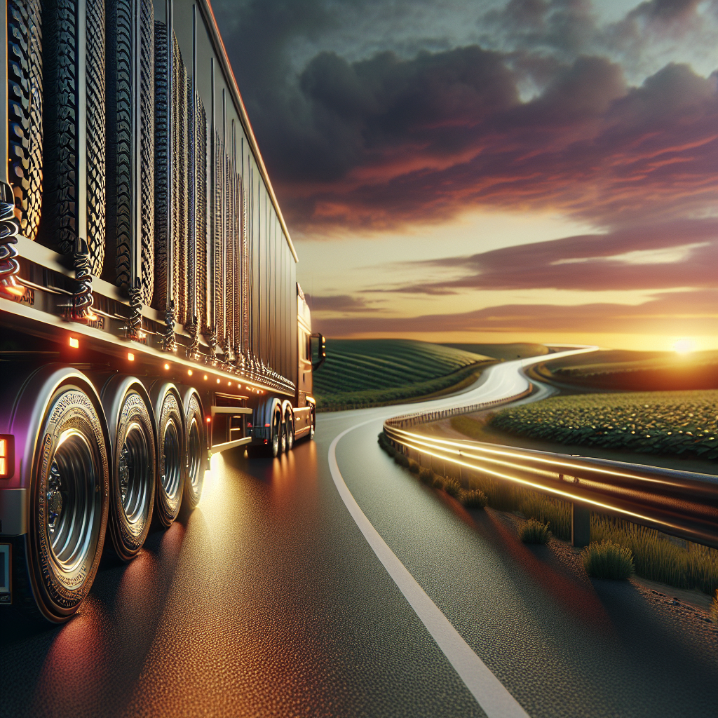 A trailer on a highway during sunset, focusing on tires, with a scenic background.