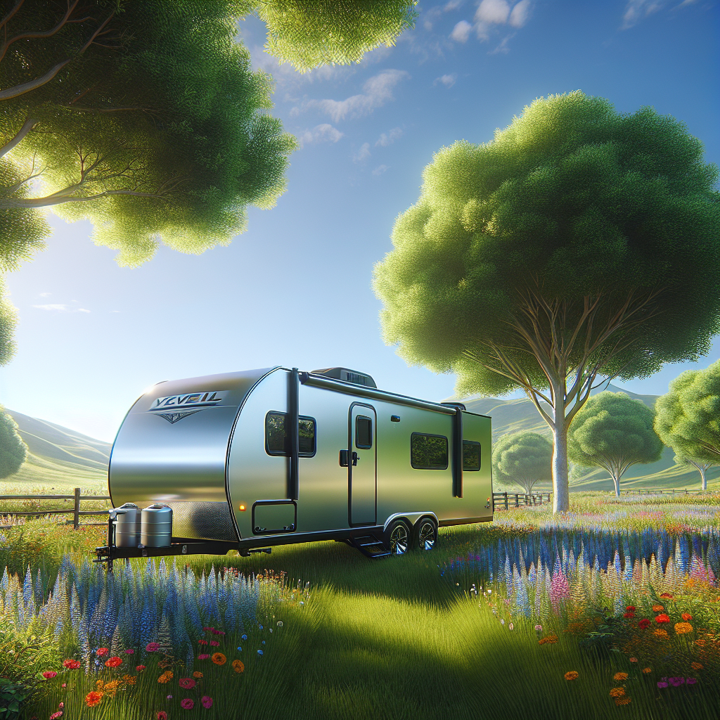 A travel trailer parked in a green field with wildflowers and trees in the background.