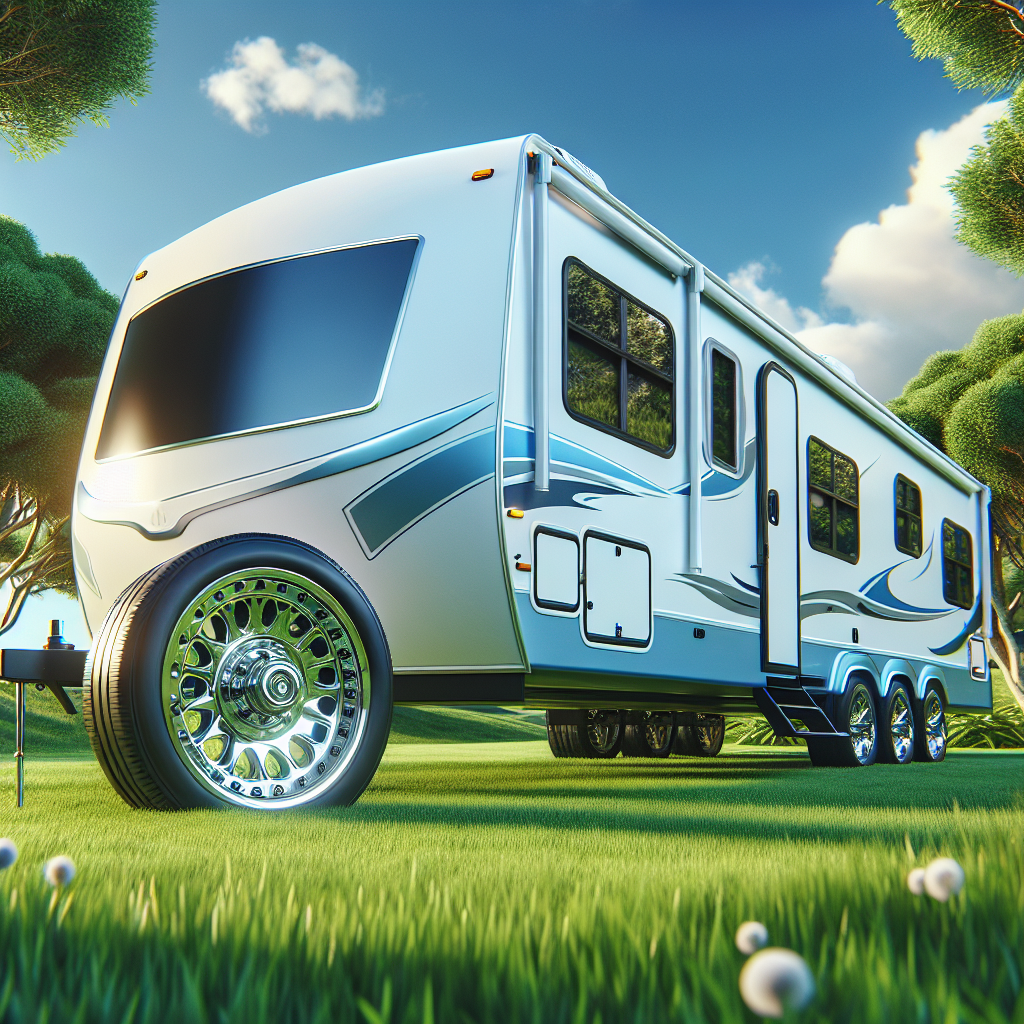 A travel trailer with a focus on the wheel and bearing in a scenic outdoor setting.