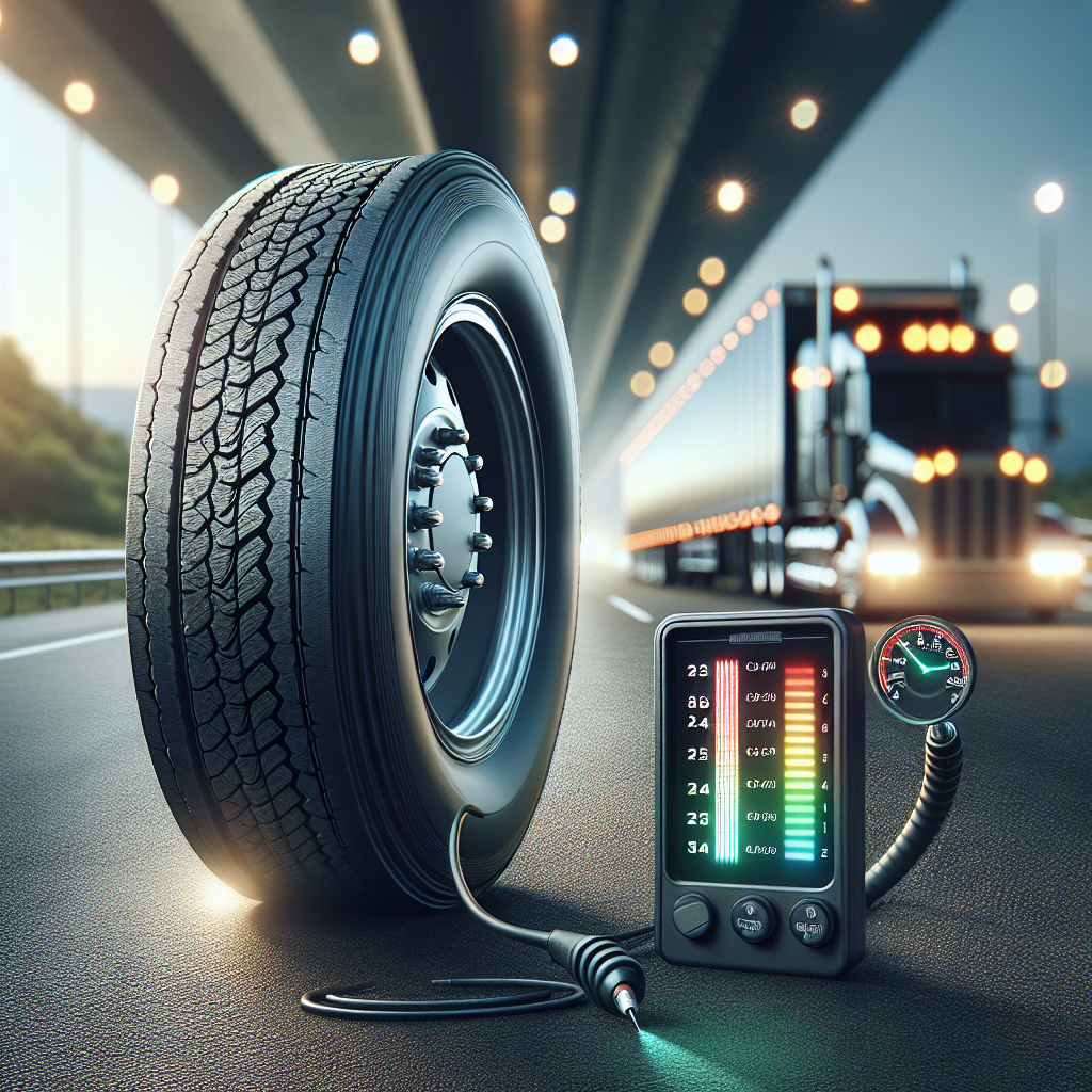 A close-up of a trailer tire with a digital monitoring system display, emphasizing tire temperature safety.