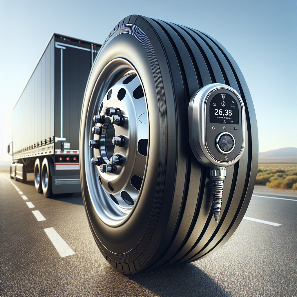 Close-up of a tire pressure monitoring system on a trailer tire.
