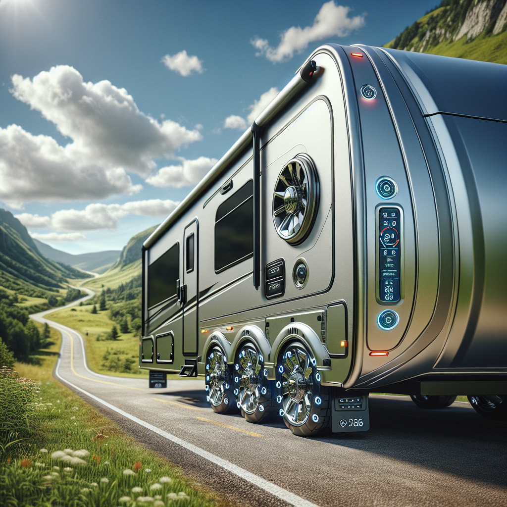 A travel trailer on a scenic road with an emphasis on its tire pressure monitoring system.