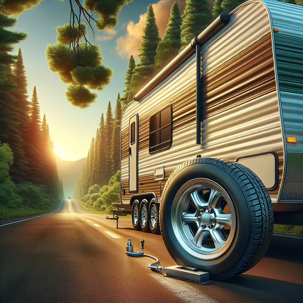 A travel trailer on a highway, emphasizing the importance of proper tire pressure.