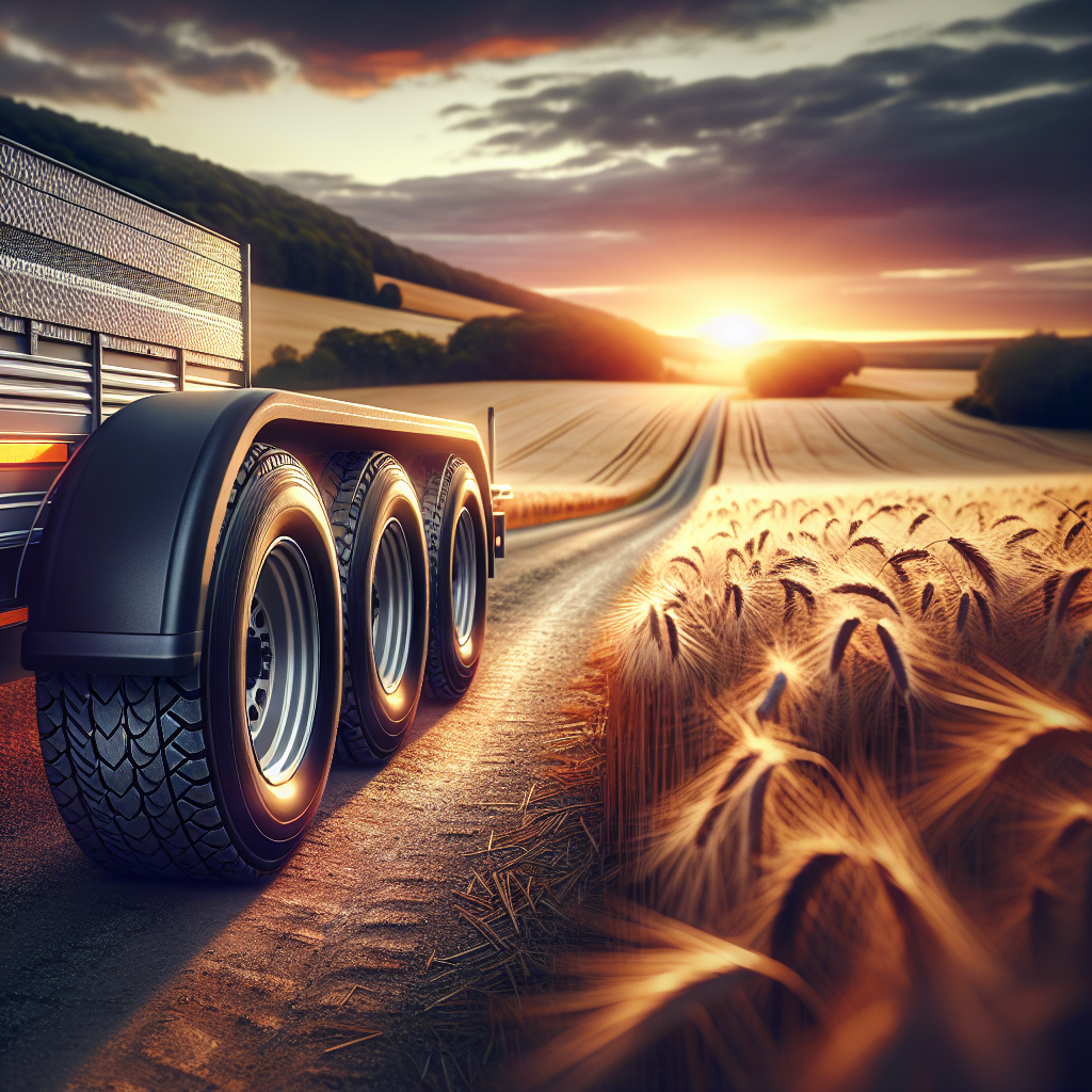 A trailer on a rural road at sunset, focusing on its tires against a scenic backdrop.