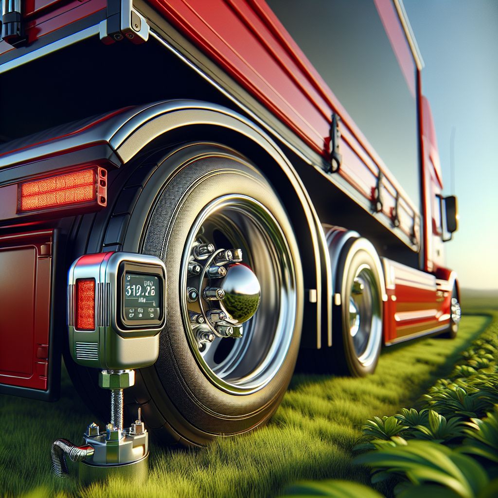 A close-up view of a trailer tire with a tire pressure monitoring system sensor, set against a blue sky and green field.