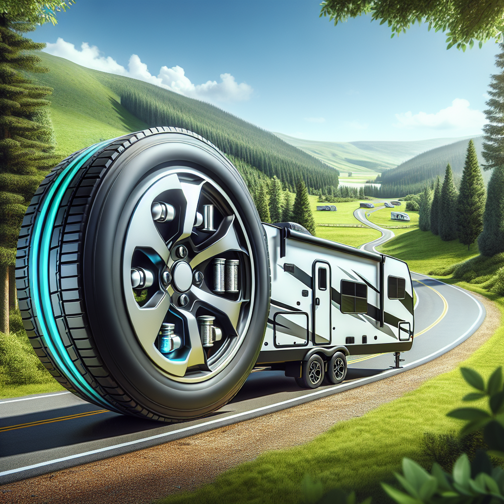 A travel trailer with visible tire pressure monitoring sensors in a green landscape.