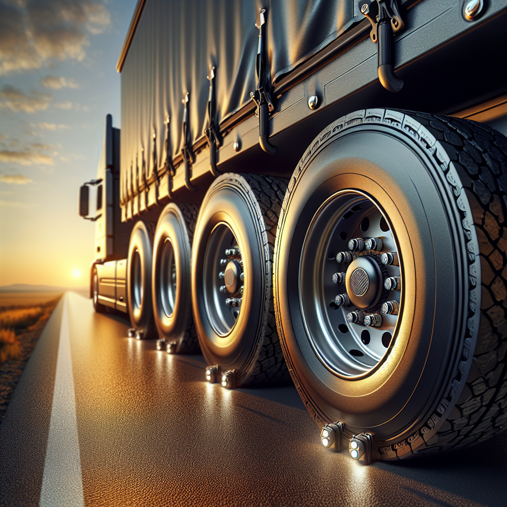 A trailer on a road with tires equipped with pressure monitoring systems.