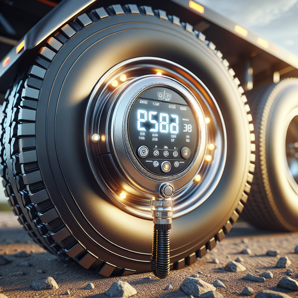 Close-up image of a tyre pressure monitoring system on a trailer with a well-inflated tyre.