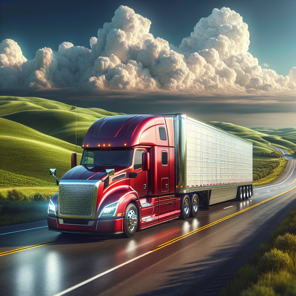 A truck driving on a highway with visible tire pressure monitoring system, surrounded by a beautiful landscape.