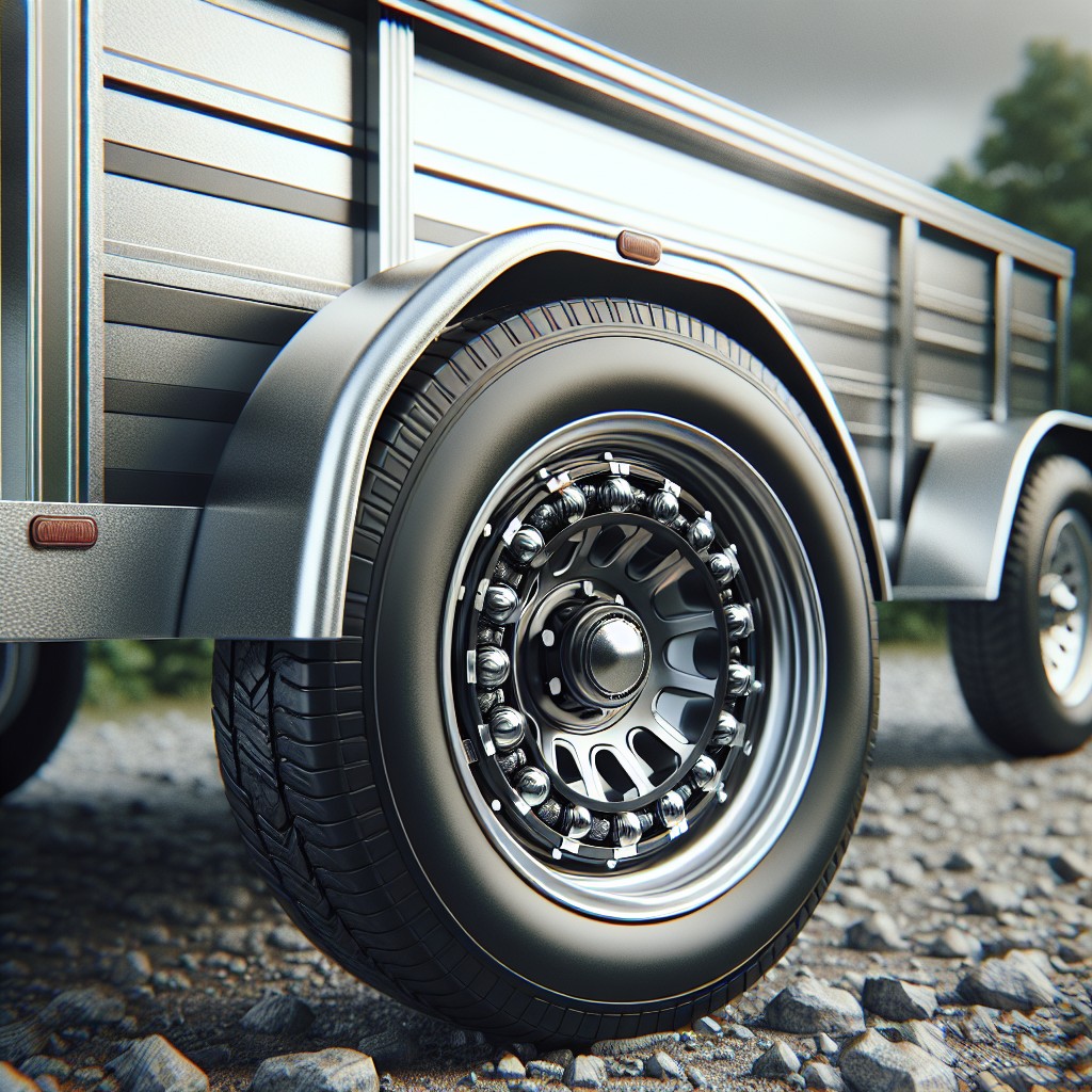 A close-up of a utility trailer showing wheel bearings and its metallic structure.