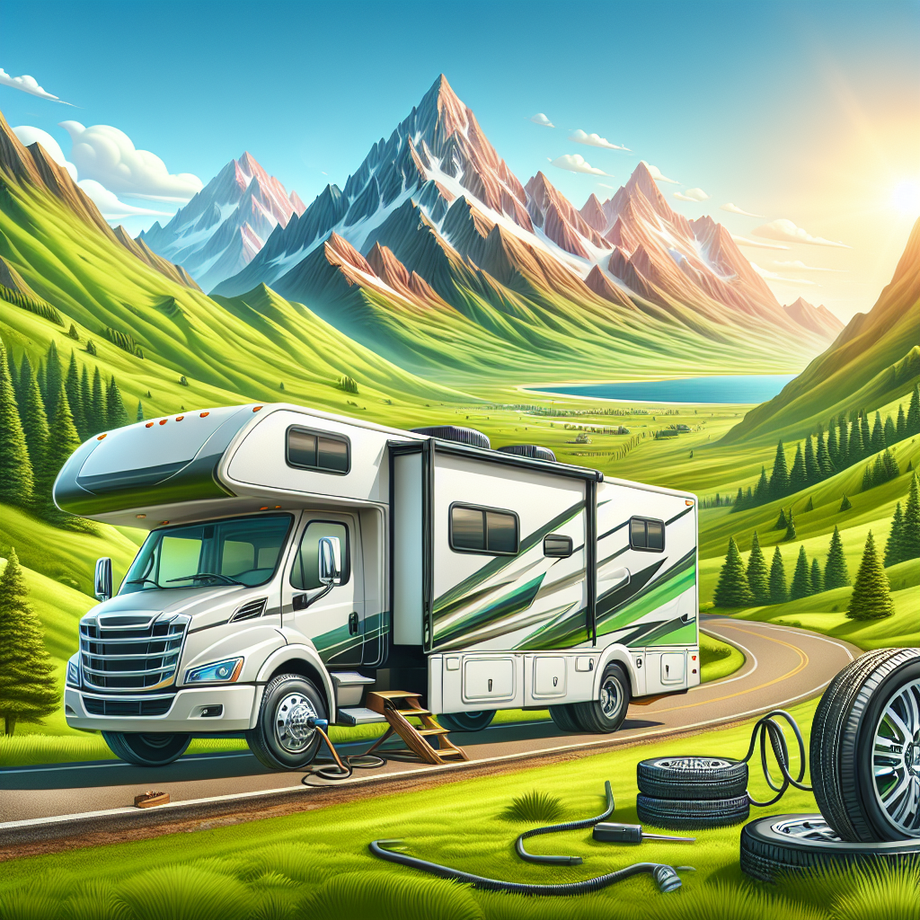 An RV parked on a scenic road with mountains in the background, highlighting tire safety.