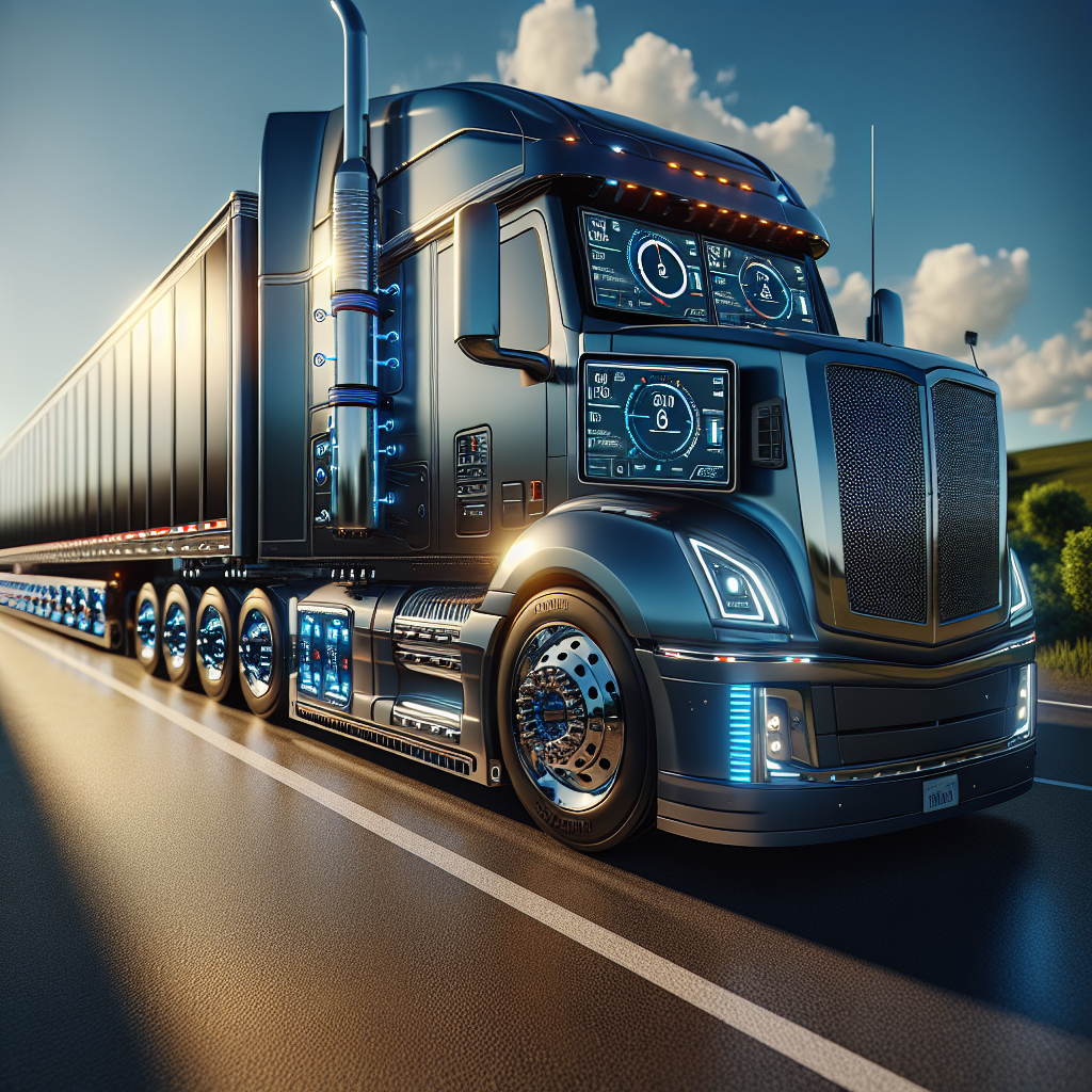 A trailer on a highway with visible tire monitoring systems.
