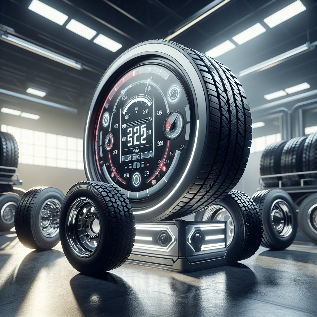 A modern tyre pressure monitoring system in a garage with visible trailer tyres.