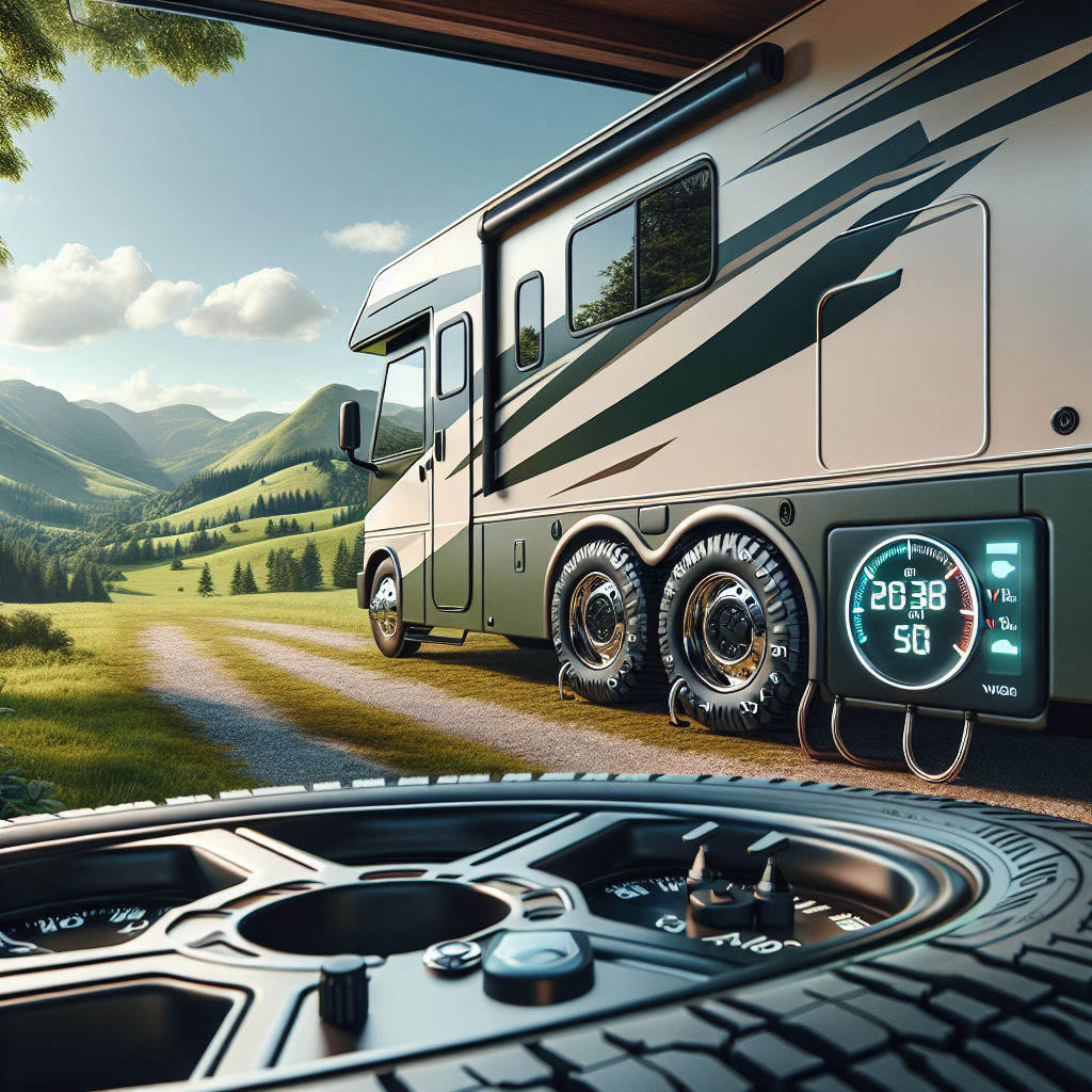 An RV showing a tire monitoring system with a scenic landscape in the background.